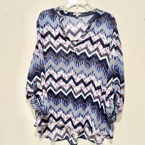 Bongo Plus Women’s Geometric Plus V Neck Sheer Blouse 1X